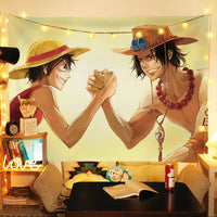 A large One Piece Luffy Tapestry hanging on a bedroom wall, featuring vibrant anime graphic art for men's room decoration.