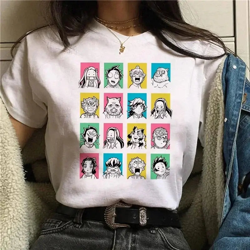 A Demon Slayer T Shirt for Women, a female Kimetsu No Yaiba graphic tee with a Nezuko and Tanjirou Kamado print.