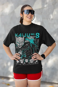 A black Kaiju No 8 T-shirt featuring a manga graphic of Captain Mina Ashiro holding a cannon, styled as a Y2K top for women's clothing.
