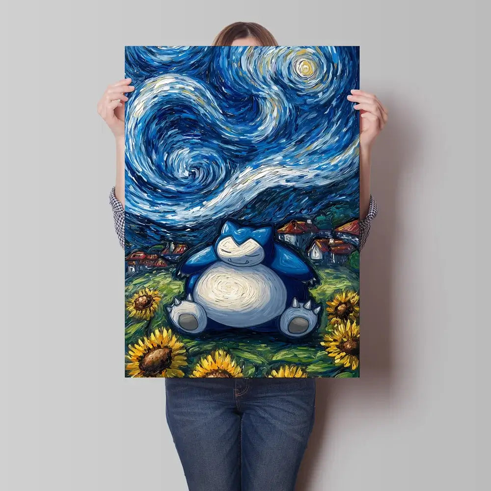 A stunning Van Gogh Pokemon Wall Art piece featuring Pikachu painted in a Starry Night impressionist style for unique home decoration.