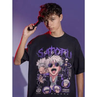 A trendy oversized Gojo Satoru T-Shirt featuring a funny horror graphic of Mahito from Jujutsu Kaisen, designed as anime streetwear.