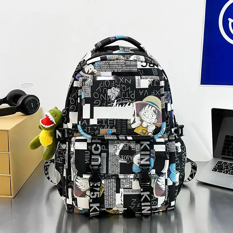 A high-capacity One Piece Luffy Backpack featuring a vibrant graffiti print of Monkey D. Luffy, designed as a durable school bag for middle and high students.