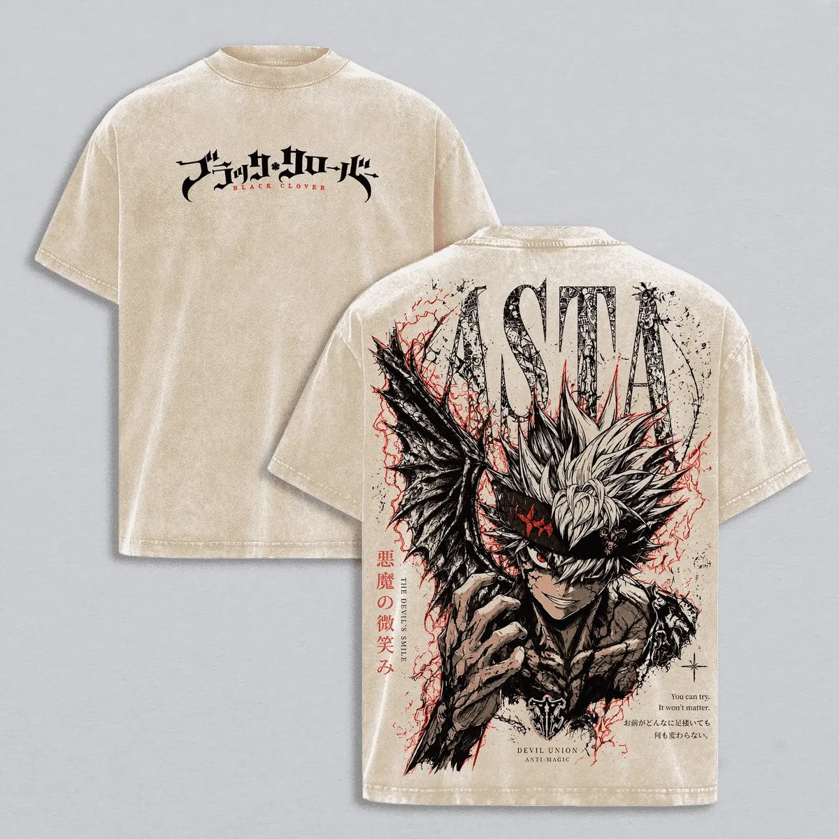 Asta Black Clover Vintage Y2K Washed Oversized T-Shirt featuring Asta character design on back and logo on front.