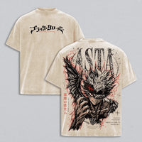 Asta Black Clover Vintage Y2K Washed Oversized T-Shirt featuring Asta character design on back and logo on front.