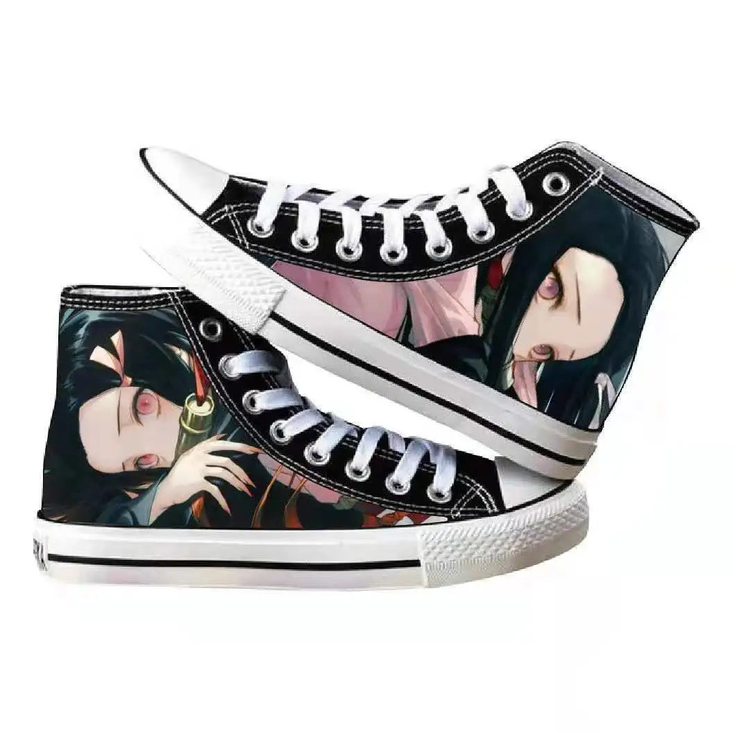 High-top Demon Slayer Canvas Shoes featuring Tanjiro Kamado and Jibaku Shounen Hanako-kun anime prints for casual fashion.