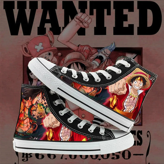 Trendy One Piece High-Top Canvas Shoes featuring creative anime pictures of Luffy, Zoro, Ace, and Chopper for men and women.