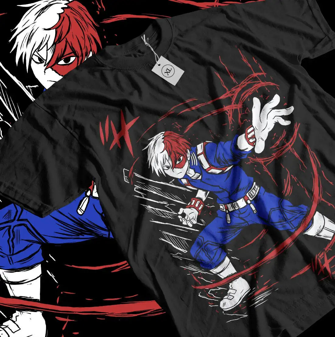 A high-quality black Todoroki T-shirt featuring graphic anime art of Dabi (Toya Todoroki) and Shoto elements, designed for men and women.