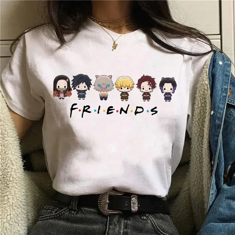 A Demon Slayer T Shirt for Women, a female Kimetsu No Yaiba graphic tee with a Nezuko and Tanjirou Kamado print.