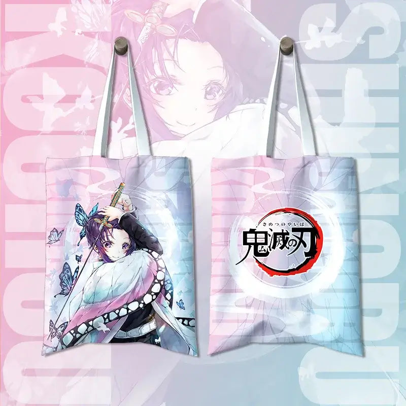A stylish Shinobu Kocho Canvas Bag featuring a cute cartoon print of the Insect Hashira, designed as a small Japanese style shoulder handbag for women.