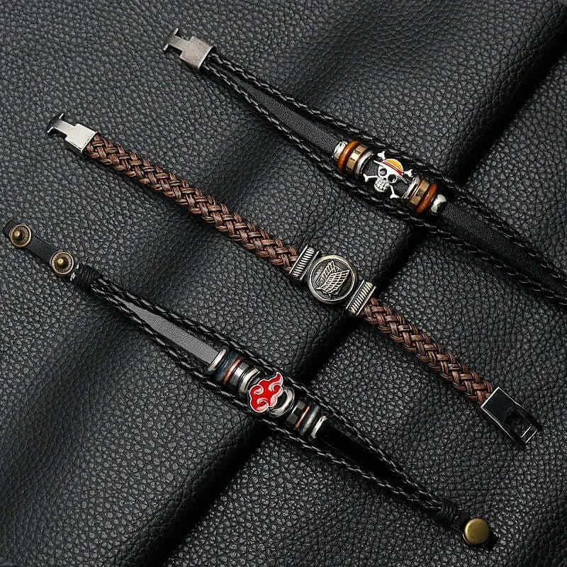 Anime Woven Cowhide Bracelet multilayer buckle ring inspired by One Piece Naruto and Attack on Titan birthday gift accessory