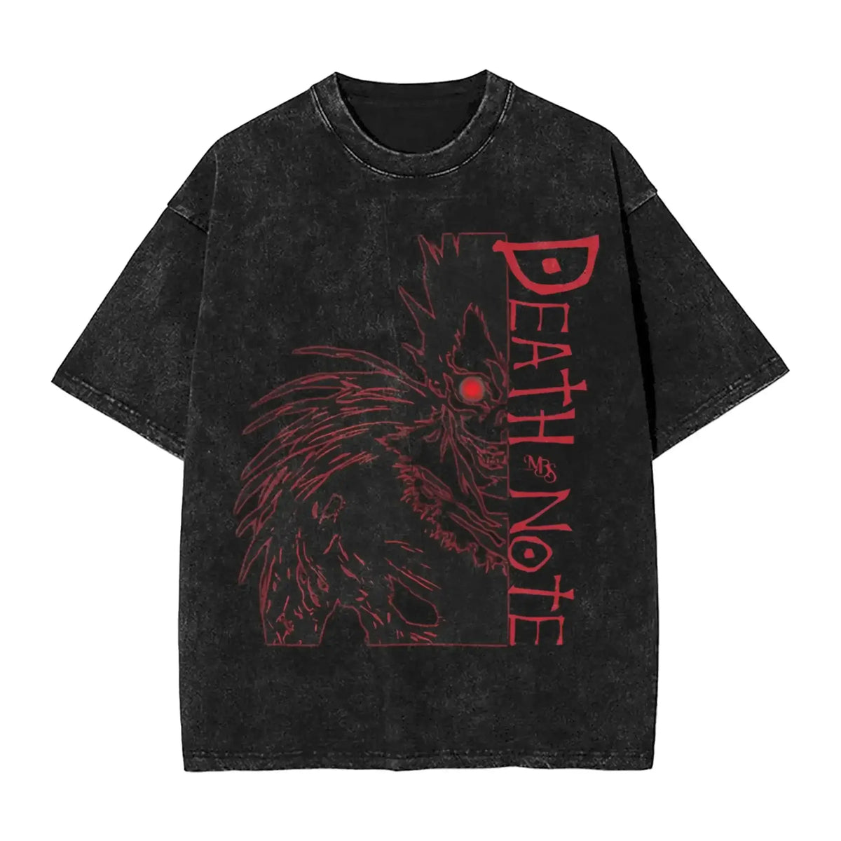 L Lawliet T-Shirt Death Note vintage washed cotton graphic tee with oversized fit O-neck collar and drop-shoulder short sleeves front view