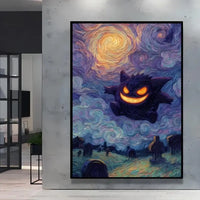 A stunning Van Gogh Pokemon Wall Art piece featuring Pikachu painted in a Starry Night impressionist style for unique home decoration.