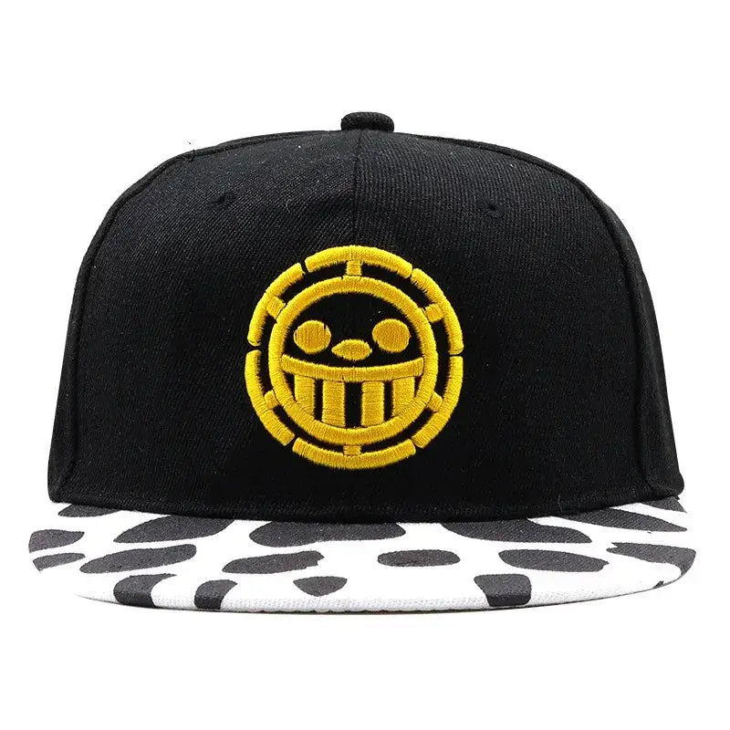 An adjustable One Piece Baseball Cap featuring Tony Tony Chopper and Trafalgar Law designs, styled as a casual cotton sun visor for cosplay.