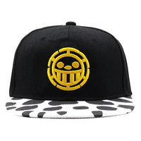 An adjustable One Piece Baseball Cap featuring Tony Tony Chopper and Trafalgar Law designs, styled as a casual cotton sun visor for cosplay.