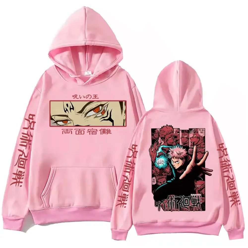 Itadori Hoodie Jujutsu Kaisen Harajuku Pullover fleece-lined polyester long sleeve hooded sweatshirt unisex Yuji Itadori design front view
