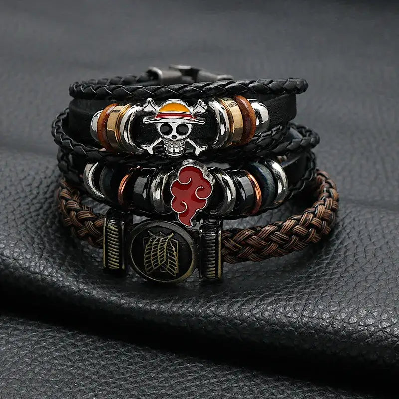 Anime Woven Cowhide Bracelet multilayer buckle ring inspired by One Piece Naruto and Attack on Titan birthday gift accessory