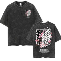 An oversized Attack on Titan Washed T-shirt featuring a vintage Levi Ackerman graphic, a stylish streetwear item for men and women.