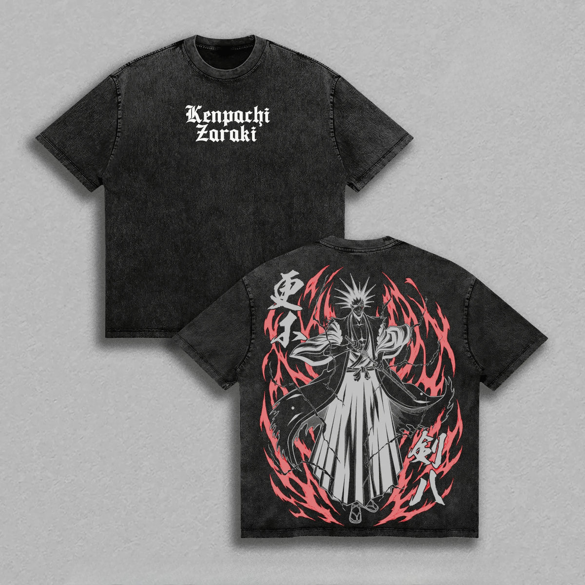 Zaraki Kenpachi Bleach Vintage Washed T-Shirt featuring front and back designs with anime character and flames.