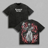 Zaraki Kenpachi Bleach Vintage Washed T-Shirt featuring front and back designs with anime character and flames.