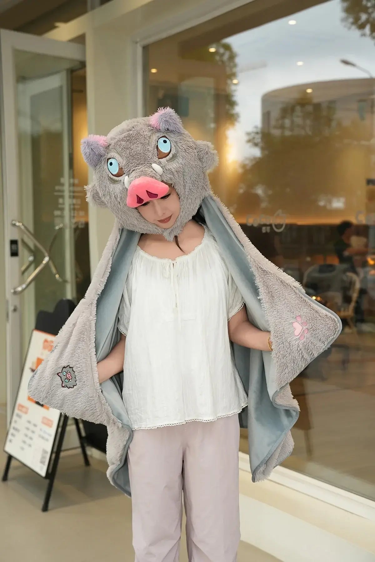 Inosuke Boar Head Plush Cosplay Neck Pillow U-shaped hooded travel blackout cloak anime prop