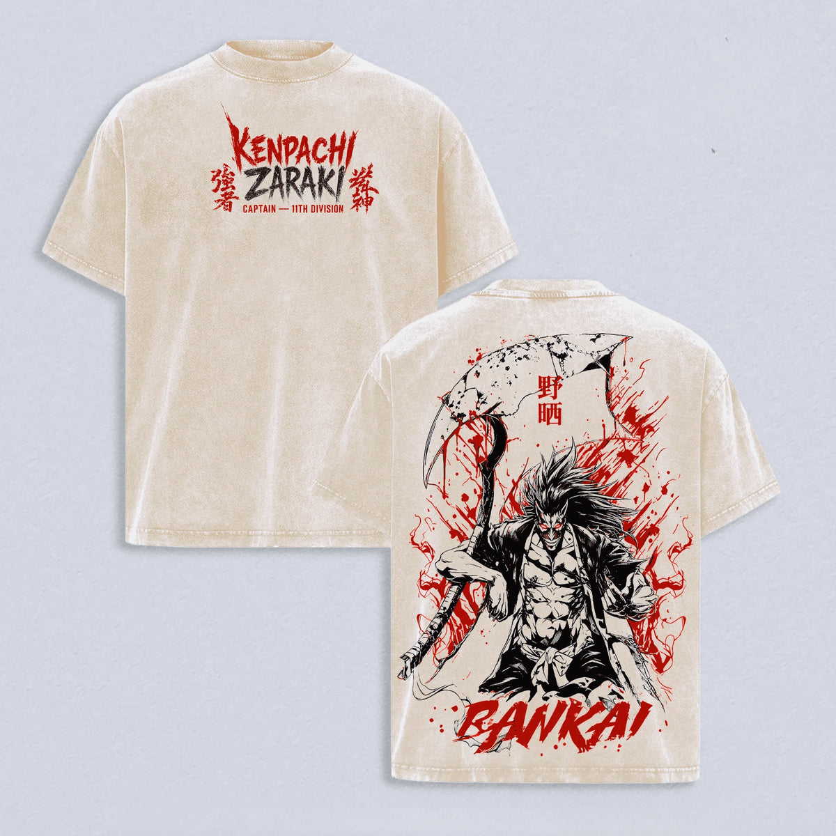 Kenpachi Zaraki Bleach Vintage Washed Soft Cotton T-Shirt featuring a striking design with 'BANKAI!' and graphic art.
