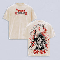 Kenpachi Zaraki Bleach Vintage Washed Soft Cotton T-Shirt featuring a striking design with 'BANKAI!' and graphic art.