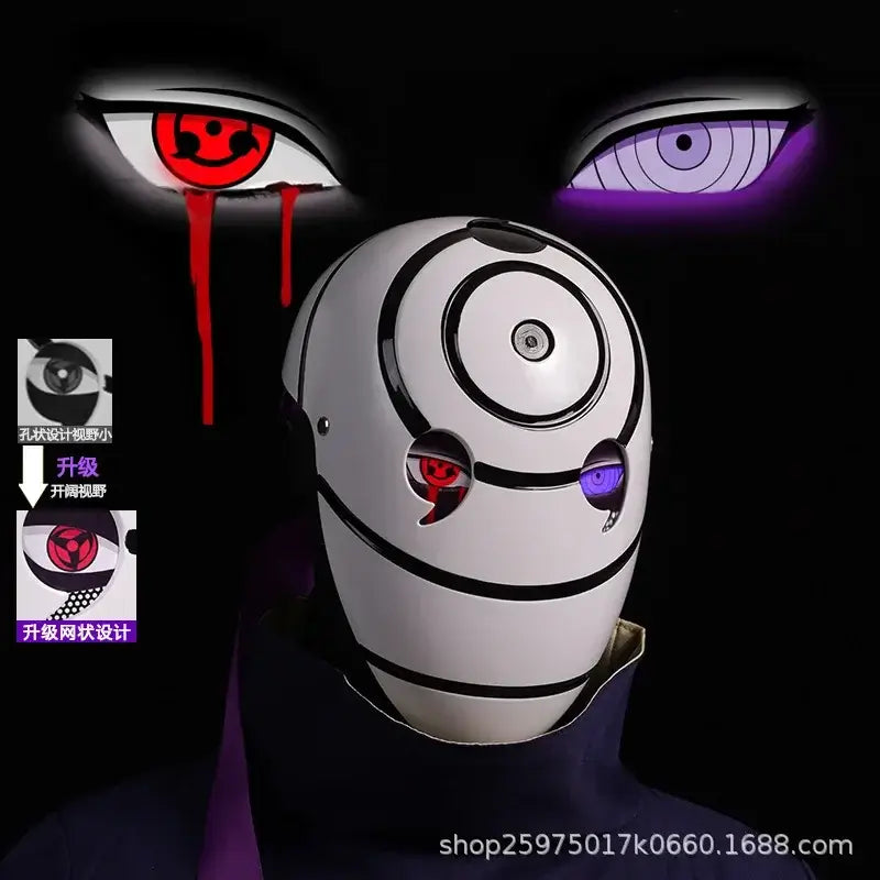 A highly imitative, high-gloss Obito Cosplay Mask featuring the Akatsuki Sharingan design for anime Halloween costumes and conventions.