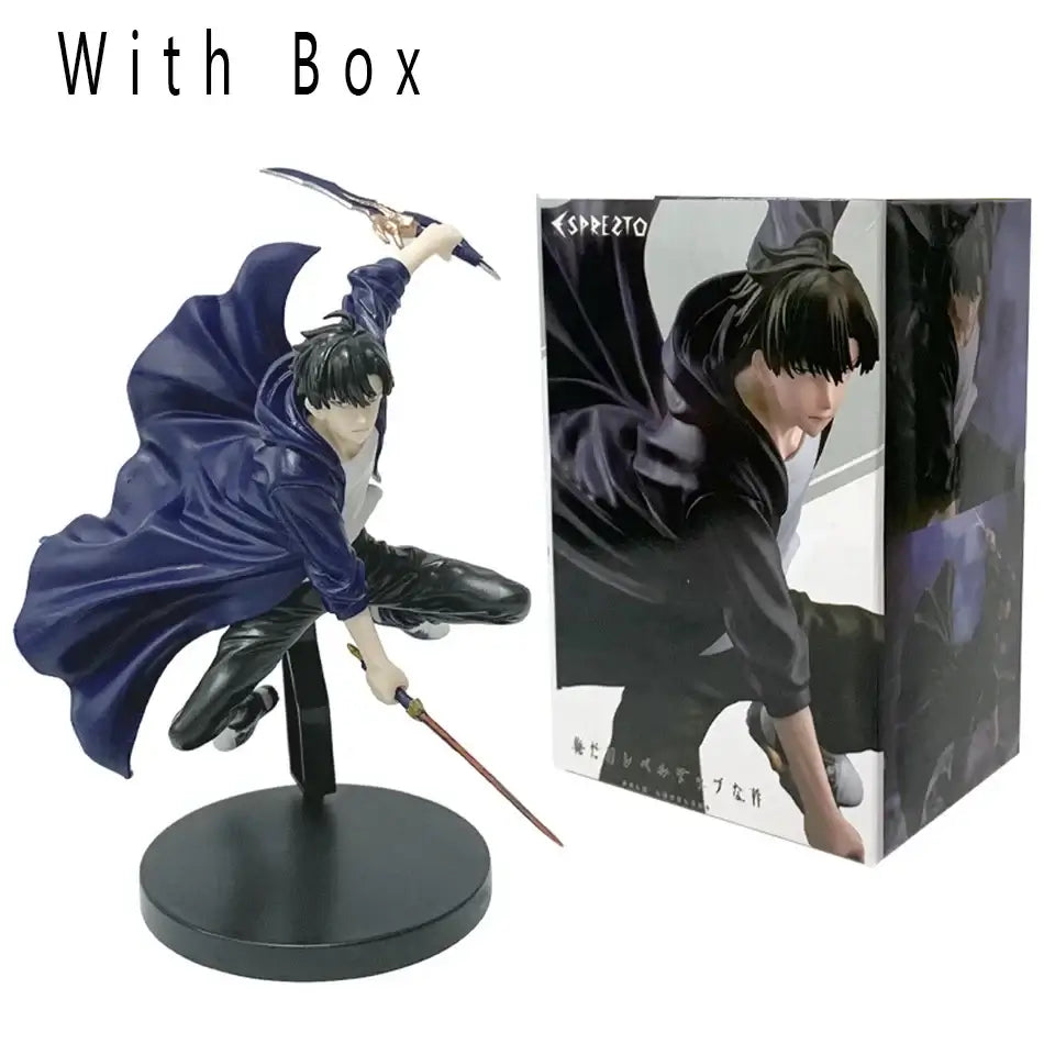 A highly detailed Sung Jin Woo Figure, showcasing the Solo Leveling Shadow Monarch in a dynamic anime action pose for desktop decoration.