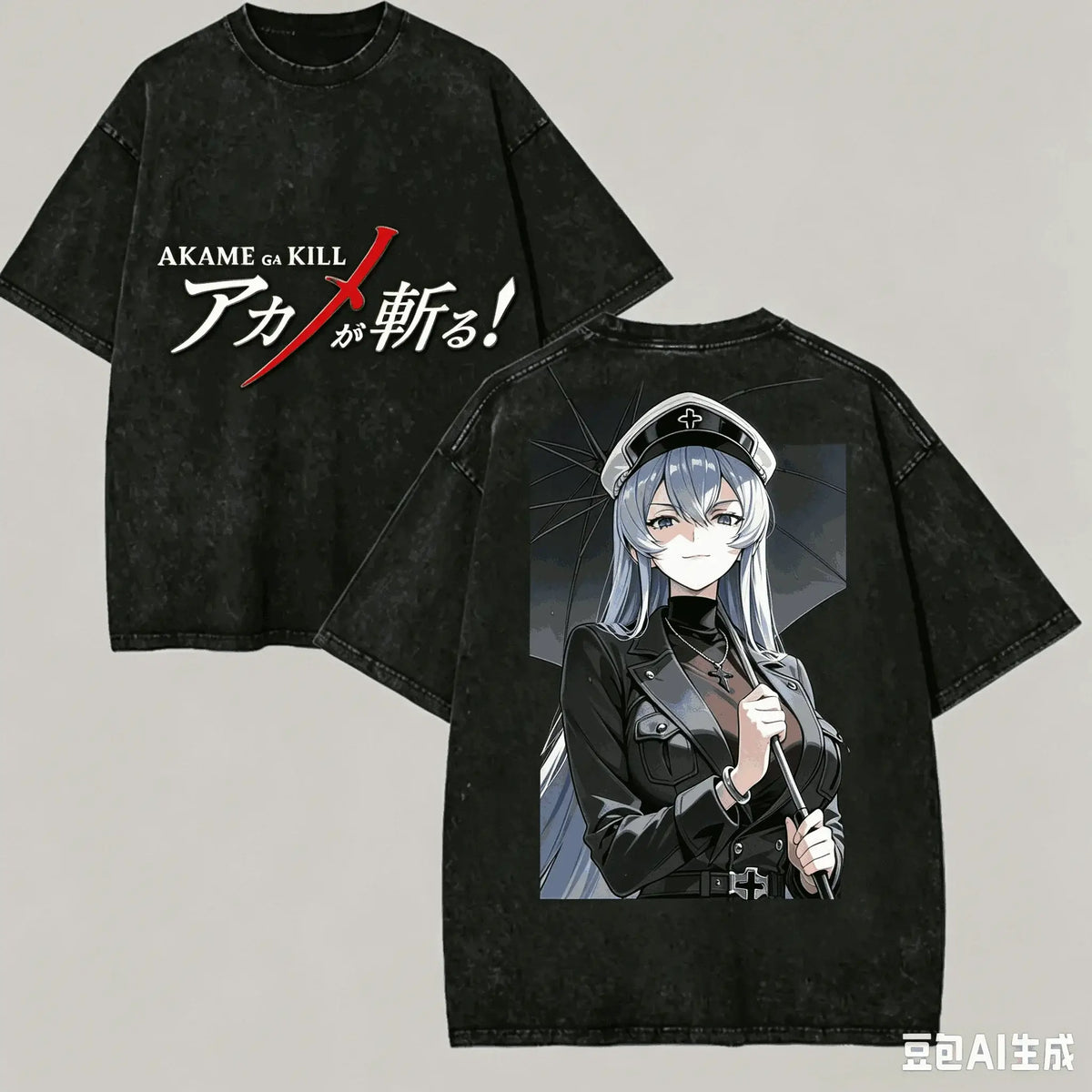 Akame ga Kill Washed Anime T-Shirt featuring character design and oversized black Harajuku style design.