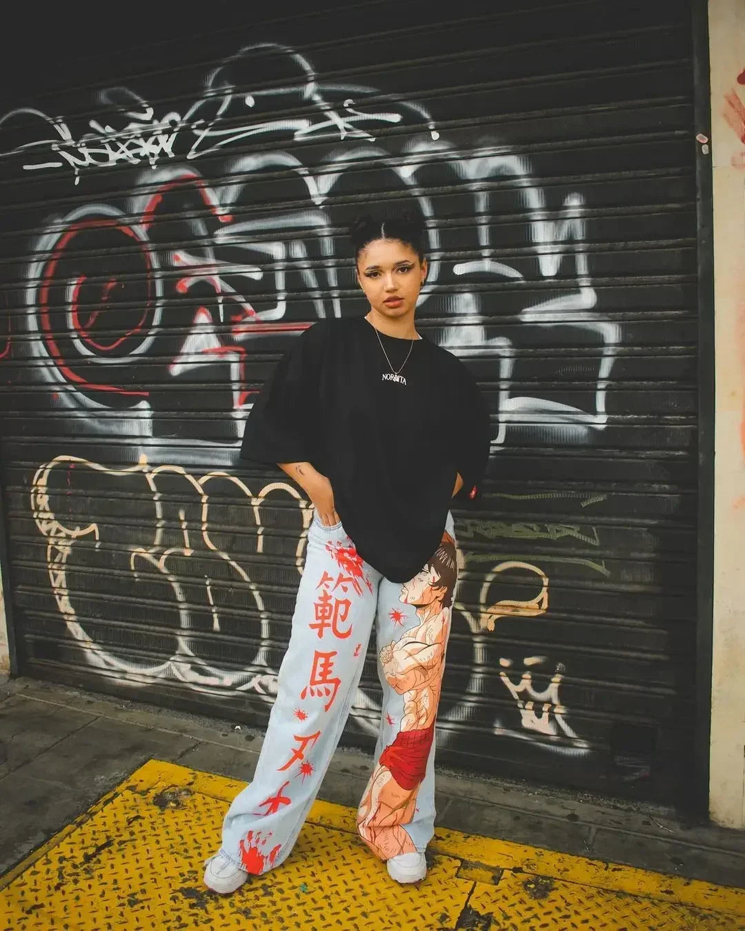 Trendy Y2K Anime Baggy Jeans featuring a Harajuku graphic print pattern, designed as high-waisted vintage streetwear for men and women.