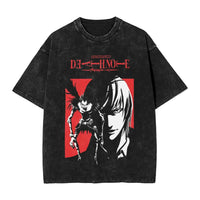 L Lawliet T-Shirt Death Note vintage washed cotton graphic tee with oversized fit O-neck collar and drop-shoulder short sleeves front view