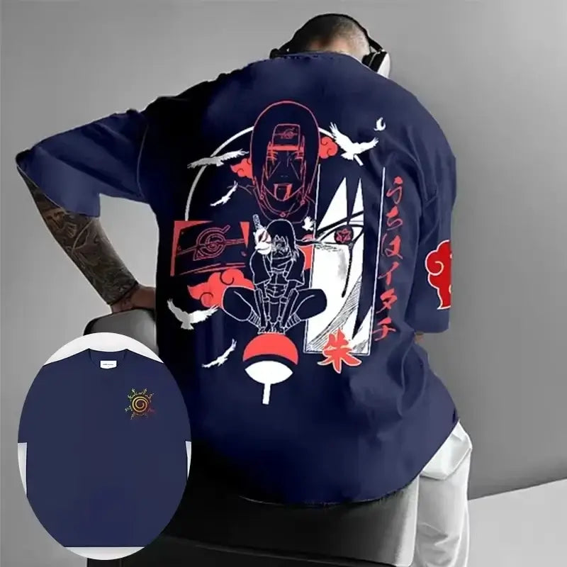 A high-quality Obito Uchiha T-shirt made of soft cotton, featuring a graphic anime print for men and boys, styled as parent-child casual wear.