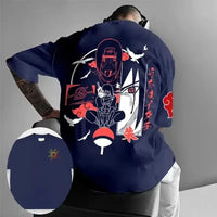 A high-quality Obito Uchiha T-shirt made of soft cotton, featuring a graphic anime print for men and boys, styled as parent-child casual wear.