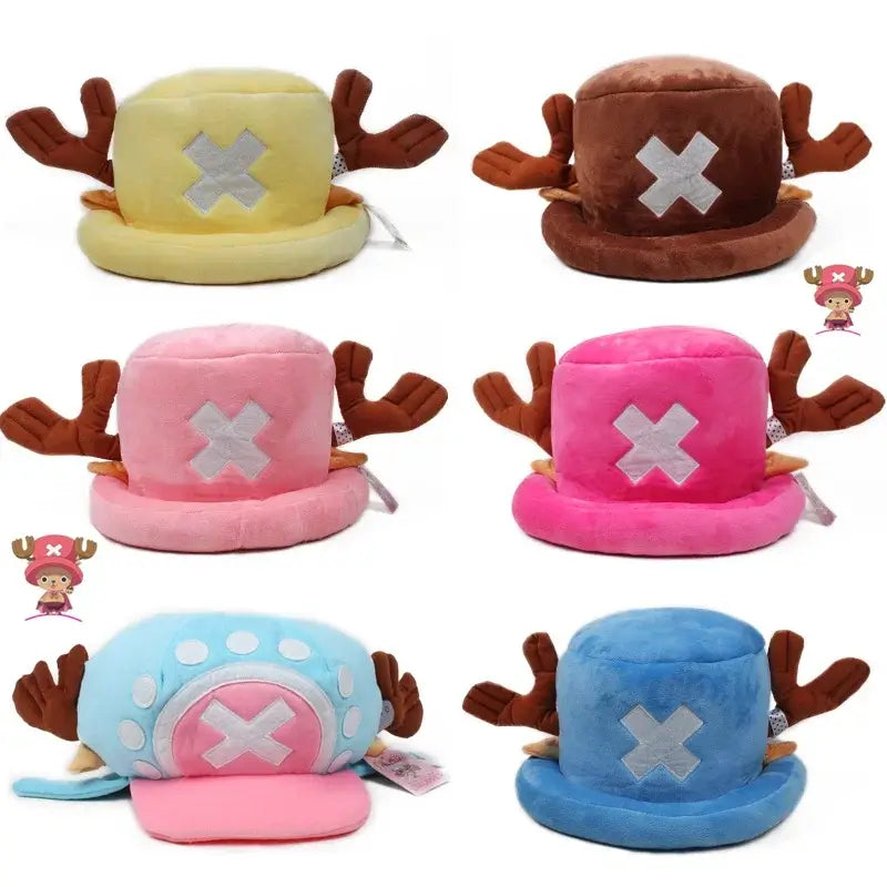 A soft Tony Tony Chopper Hat made of plush cotton featuring 3D antlers, alongside a spotted Trafalgar Law cap for anime cosplay.