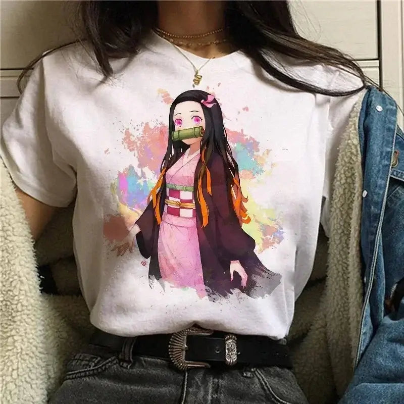 A Demon Slayer T Shirt for Women, a female Kimetsu No Yaiba graphic tee with a Nezuko and Tanjirou Kamado print.