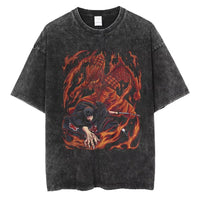 A washed black Naruto Vintage T-Shirt featuring a hip hop style anime print, designed as Harajuku streetwear for men and women.