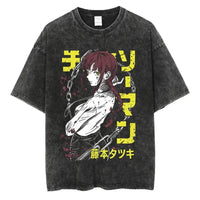 A vintage-washed black Chainsaw Man T-Shirt made of soft cotton, featuring a Denji graphic print, designed as oversized Harajuku streetwear.