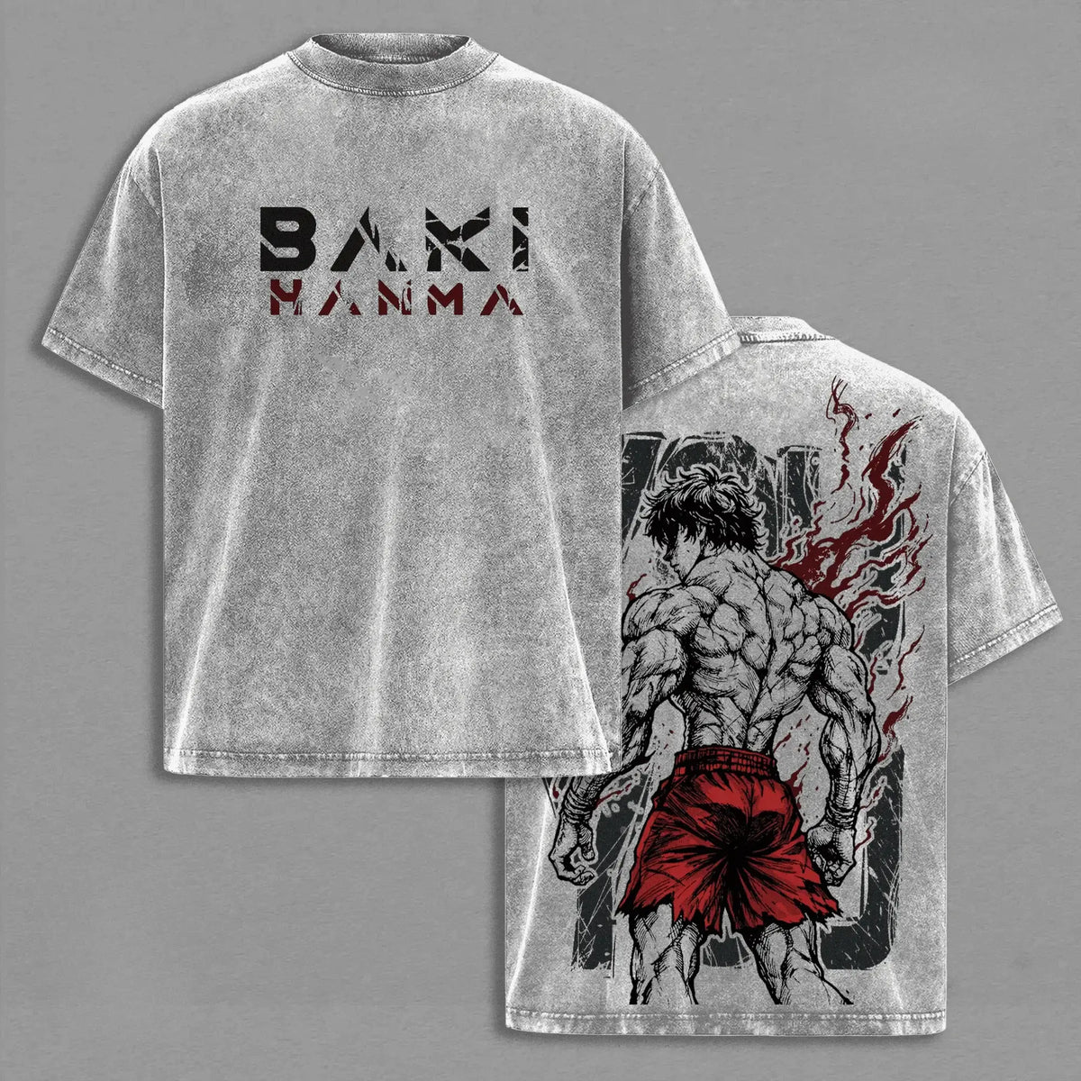 Baki Anime Vintage Washed Oversized T-Shirt featuring manga character print and bold text design.