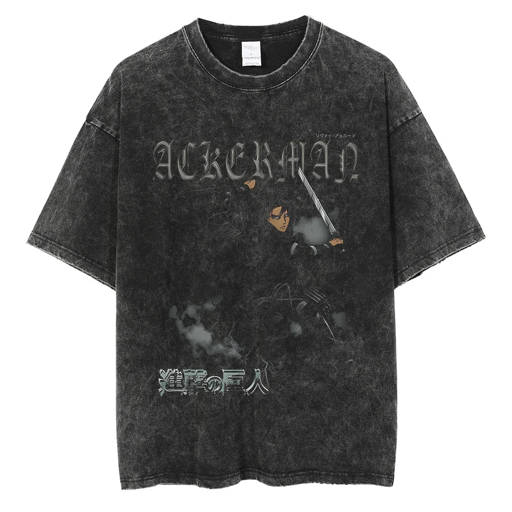 A vintage-washed Eren Jaeger T-Shirt featuring a gritty Attack on Titan manga graphic, styled as oversized Harajuku streetwear for men and women.