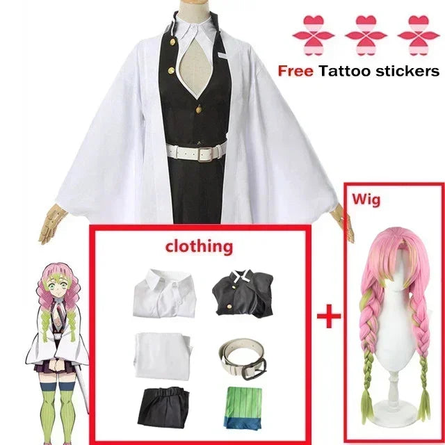 A complete Mitsuri Kanroji Cosplay Costume featuring the white haori, black uniform dress, and pink-green gradient wig for adults and children.