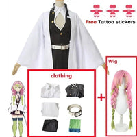 A complete Mitsuri Kanroji Cosplay Costume featuring the white haori, black uniform dress, and pink-green gradient wig for adults and children.