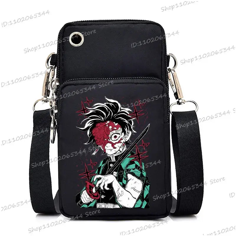 A trendy Demon Slayer Phone Bag featuring anime art of Nezuko Kamado and Mitsuri Kanroji, designed as a Harajuku mini crossbody purse for women and men.