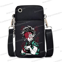 A trendy Demon Slayer Phone Bag featuring anime art of Nezuko Kamado and Mitsuri Kanroji, designed as a Harajuku mini crossbody purse for women and men.