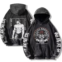 A plus-size Baki Hanma Anime Print Hoodie in a vintage washed cotton Harajuku streetwear style for men and women.