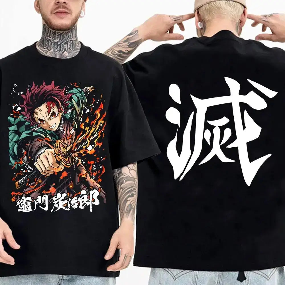 Demon Slayer Cotton Parent-Child Anime T-Shirt worn by parent and child matching summer outfit