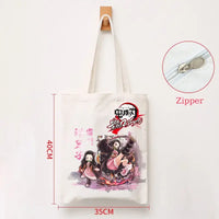 A durable Demon Slayer Canvas Bag featuring Kamado Nezuko and Tanjiro anime graphics, designed as a zipper tote for students and shoppers.