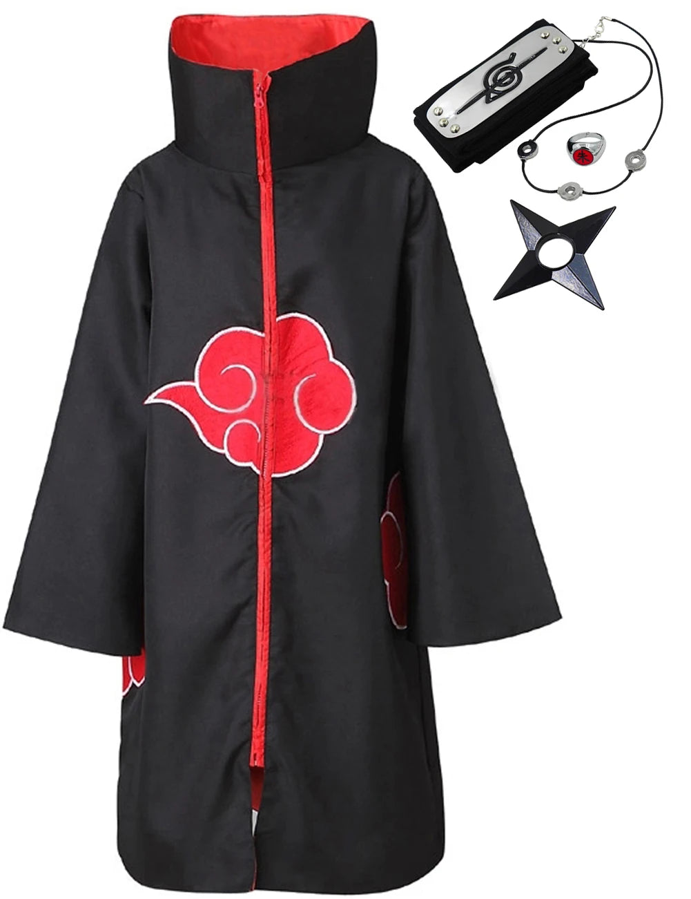 A long black Akatsuki Itachi Cloak cosplay costume featuring iconic red clouds and accessories, suitable for kids and adults for Halloween.