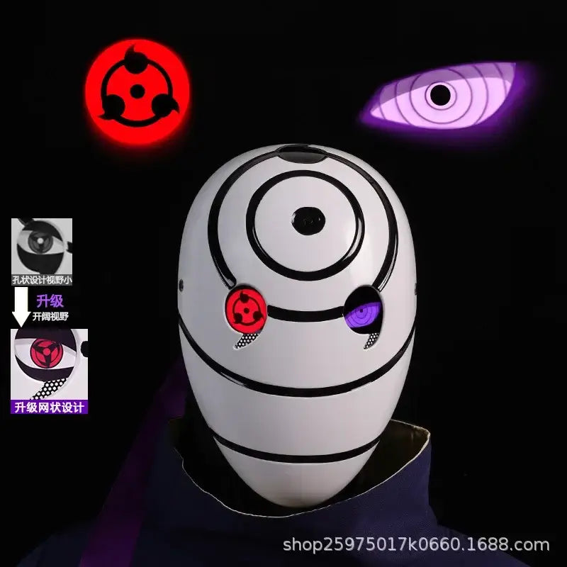 A highly imitative, high-gloss Obito Cosplay Mask featuring the Akatsuki Sharingan design for anime Halloween costumes and conventions.
