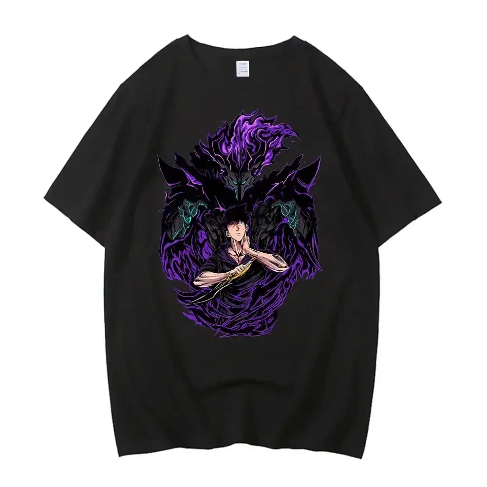 A high-quality Japanese Anime Solo Leveling T Shirt with a Sung Jinwoo cartoon graphic in a Harajuku short sleeve style.