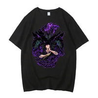A high-quality Japanese Anime Solo Leveling T Shirt with a Sung Jinwoo cartoon graphic in a Harajuku short sleeve style.
